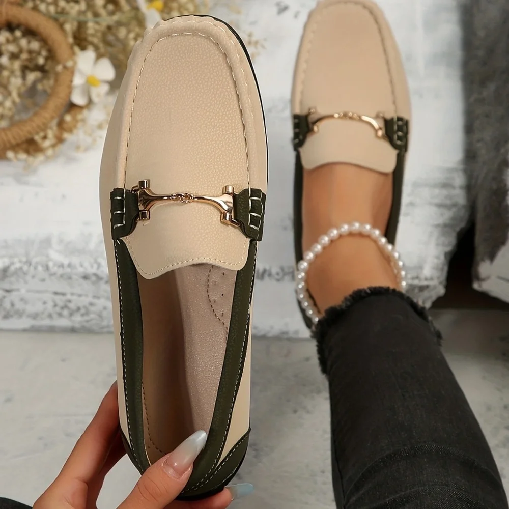 Green cream vegan leather gold horsebit accent slip on style loafers size 42